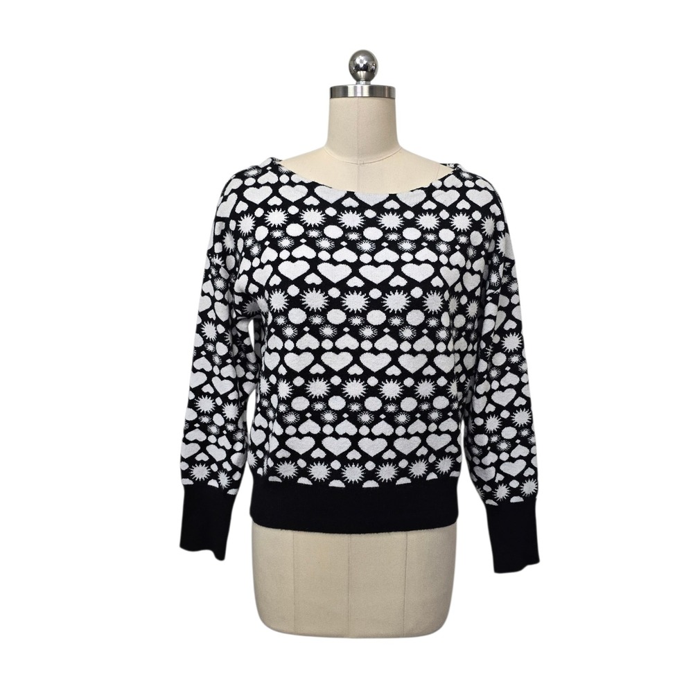 Maeve Anthropologie Womens Small Black White Heart Sunburst Intarsia Sweater